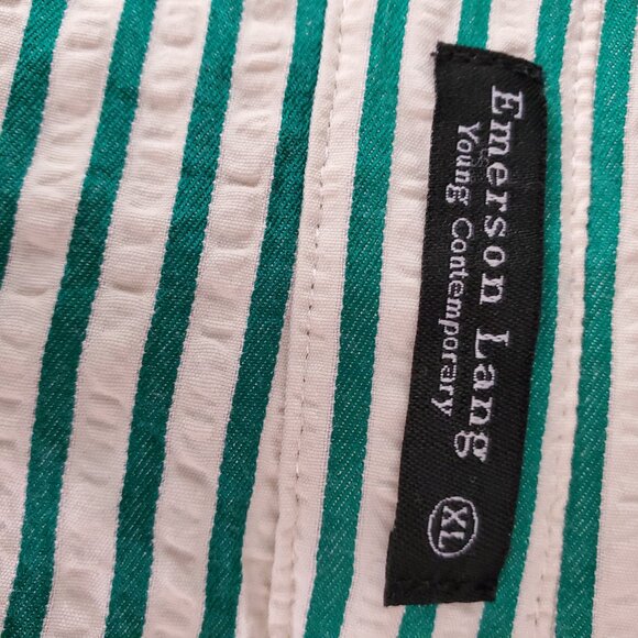Emerson Lang Young Contemporary Green Striped Plisse Button Down Shirt | XL - Picture 5 of 7